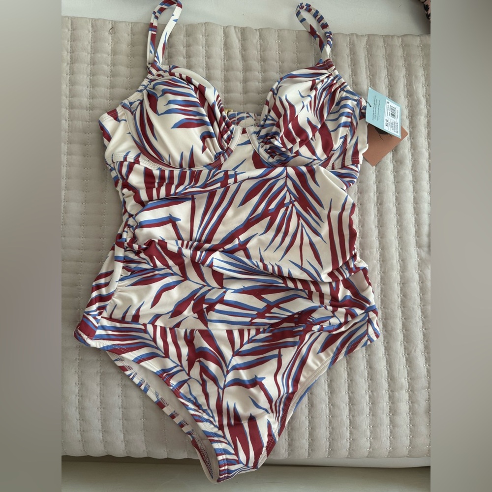 Shade & shore One-Piece Swimsuit in Cream with Red & Blue Leaf Print